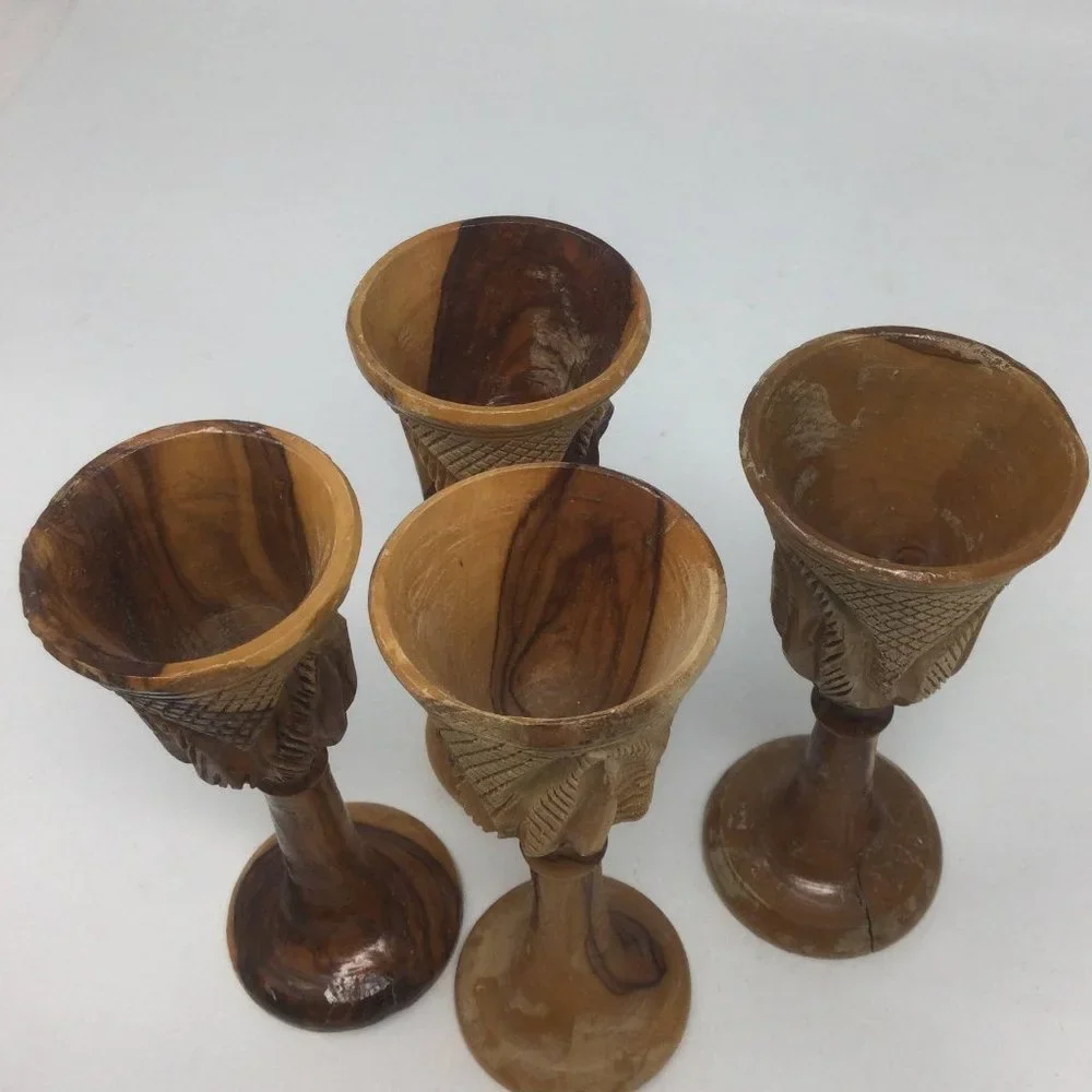 4 Vintage Wood Hand Carved Goblets Small